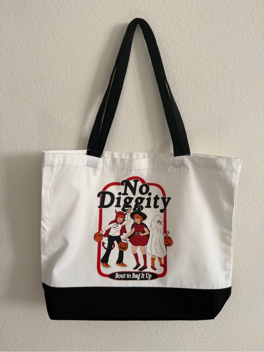 Hand Crafted Halloween Candy Tote with Black Handles and Red Graphic